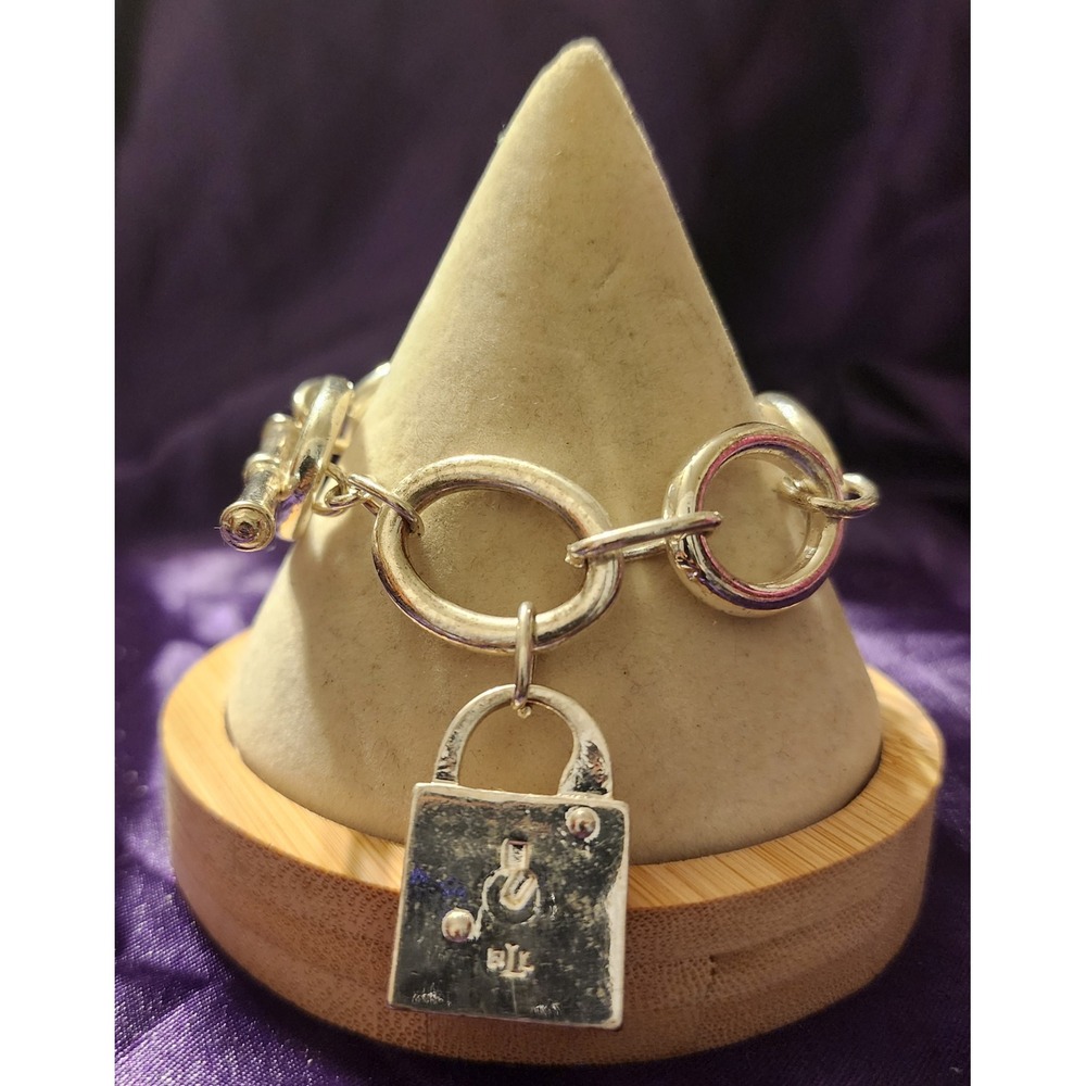 VTG Lauren Ralph Lauren Silver Tone Padlock Charm Toggle Link Bracelet LRL